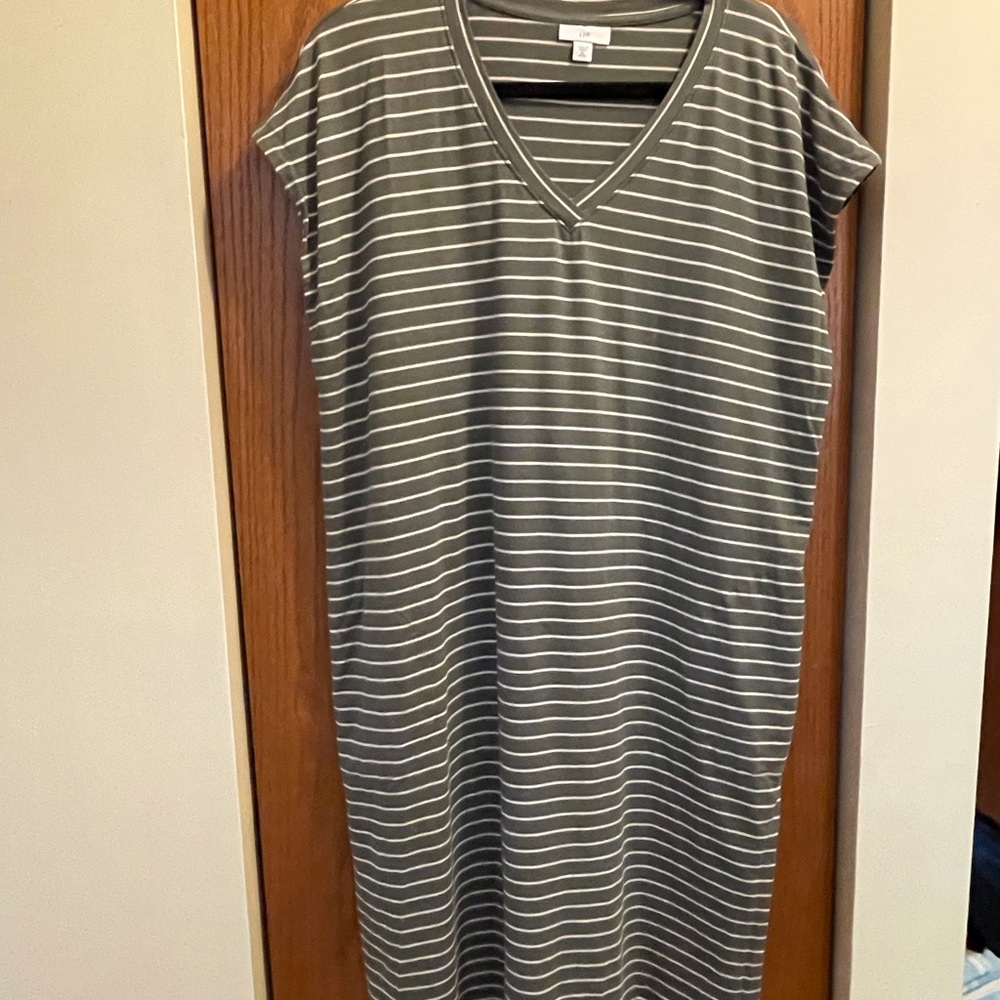 Green(Army) & cream strip slightly curved hem dress…Tags are off but never worn